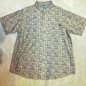 Solaris men’s Large button down shirt, khaki with outdoor/nature theme, NWOT
